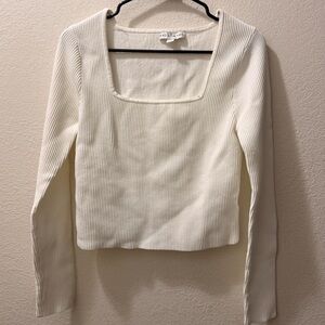 And Now This, White Ribbed Square Neck Long Sleeve Top, Size Large NWOT